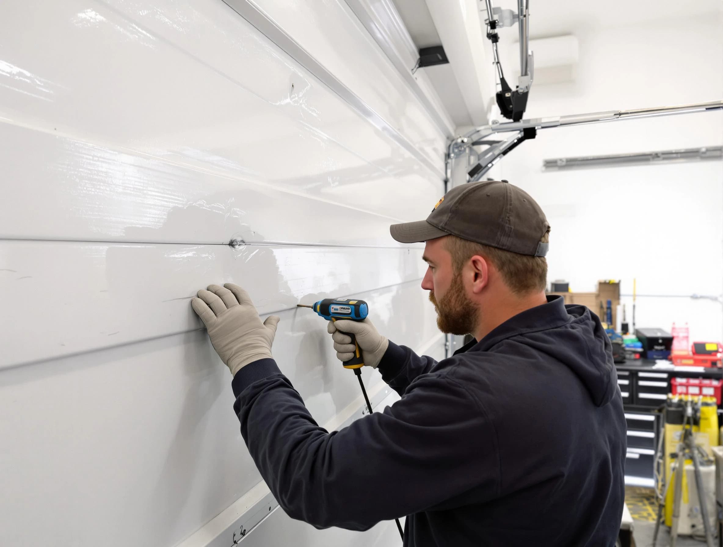 Aurora Garage Door Repair technician demonstrating precision dent removal techniques on a Aurora garage door