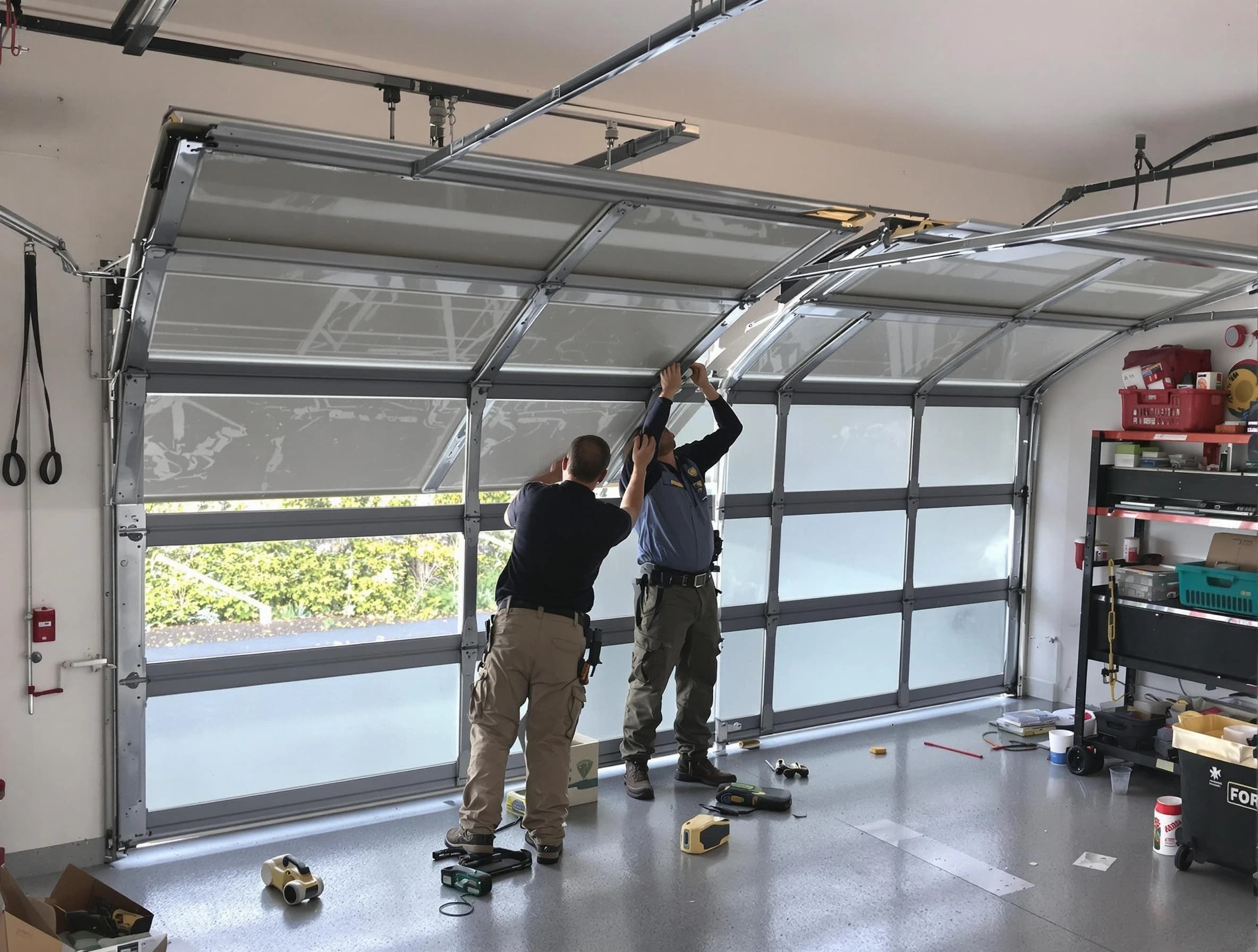 Aurora Garage Door Repair expert performing precise panel replacement on Aurora garage door