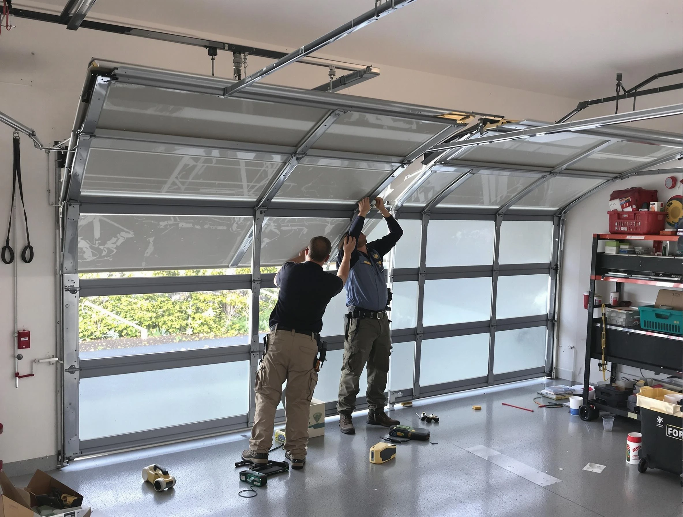 Aurora Garage Door Repair expert performing precise panel replacement on Aurora garage door